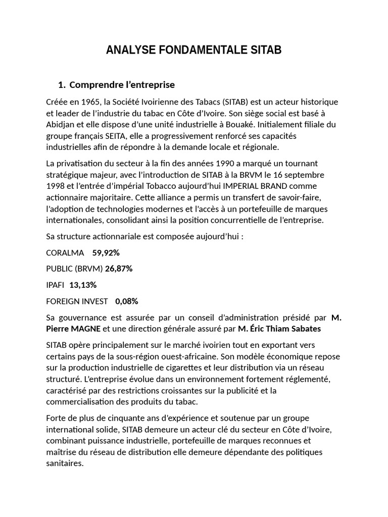 Analyse Fondamentale Sitab | PDF | Côte d'Ivoire | Économie