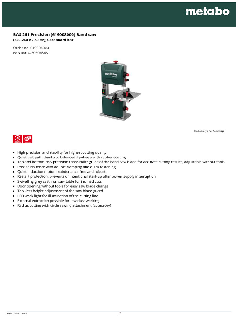 BAS 261 Precision 619008000 Band Saw English | PDF