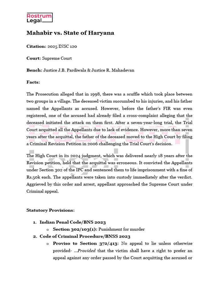 Mahabir Vs State of Haryana | PDF | Acquittal | Appeal