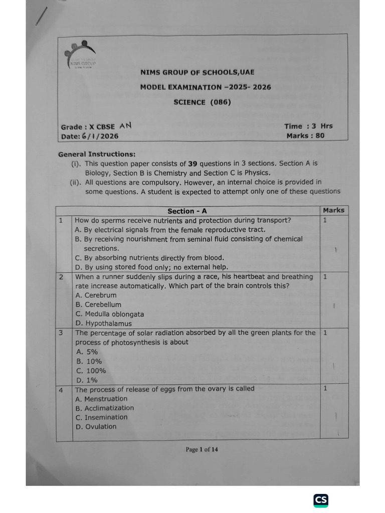 Science Model Exam QP | PDF