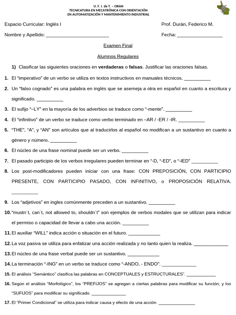 Examen Final de Ingles I 2023 | PDF | Verbo | Adverbio