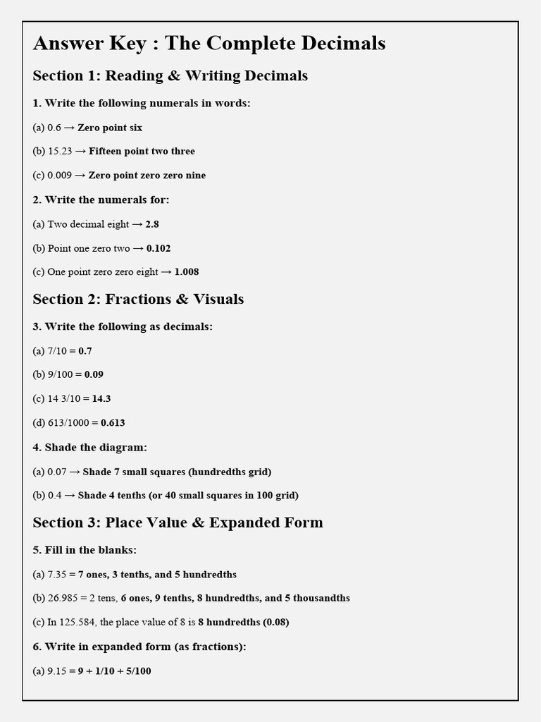 Full Decimals Answer Key Than Vika | PDF