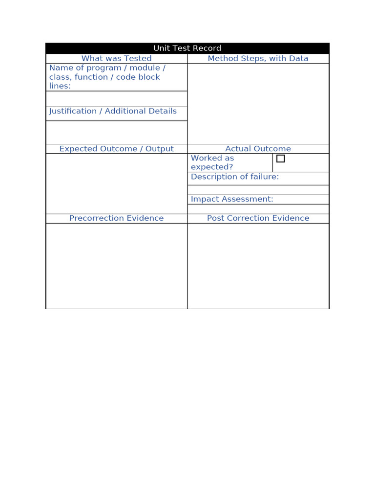 Example Unit Test Record Template | PDF