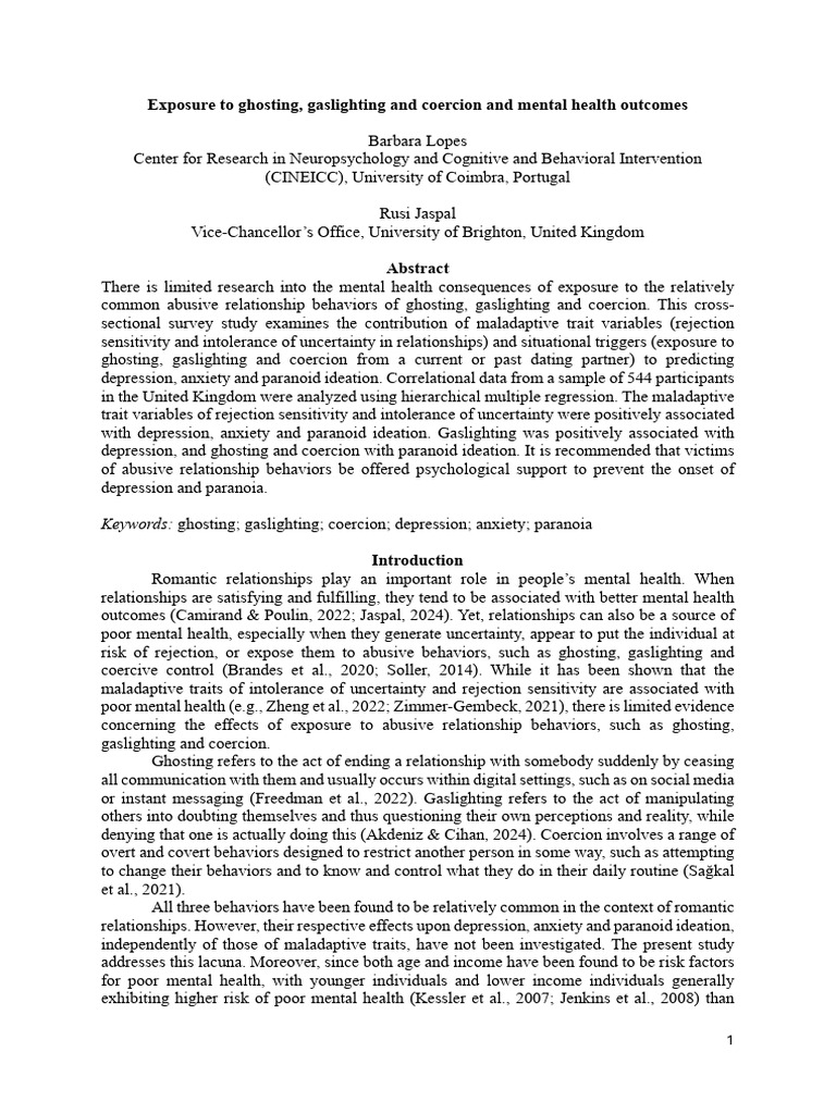 Exposure To Ghosting Gaslighting and Coercion and Mental Health ...