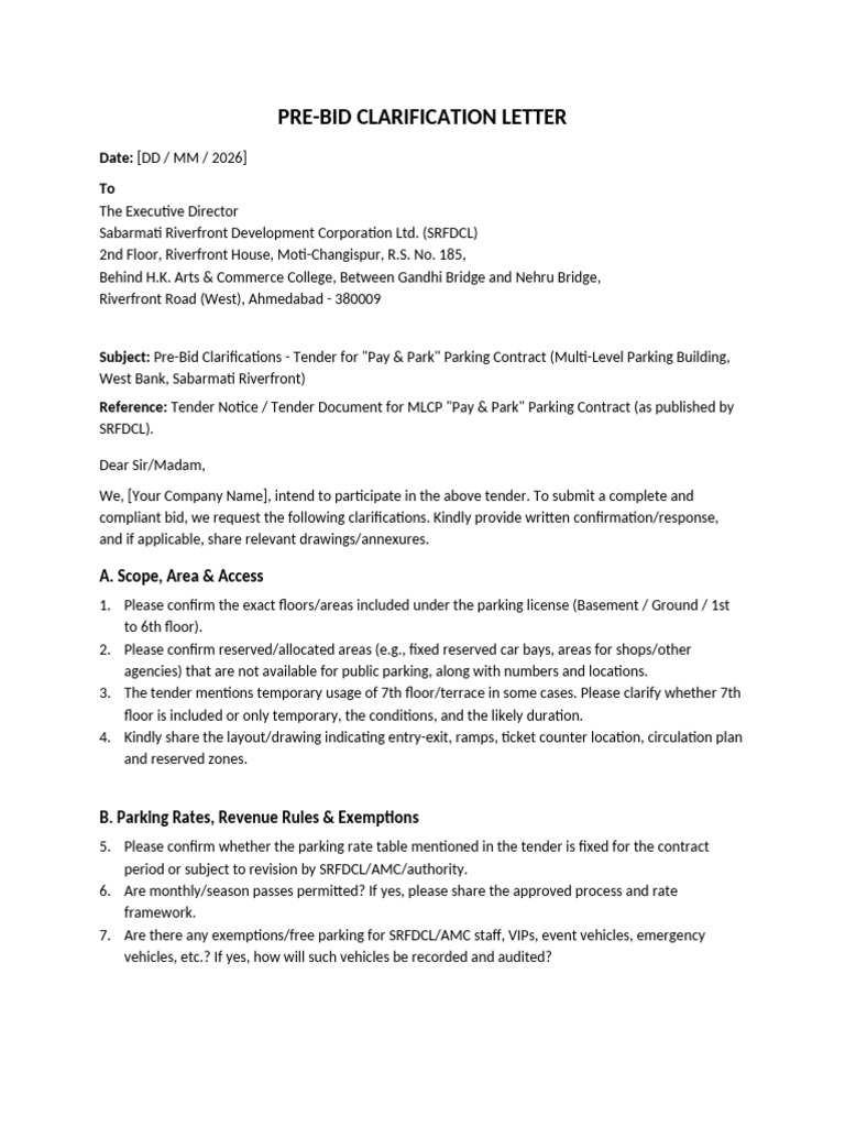 Pre-Bid Clarification Letter SRFDCL MLCP | PDF | Fee