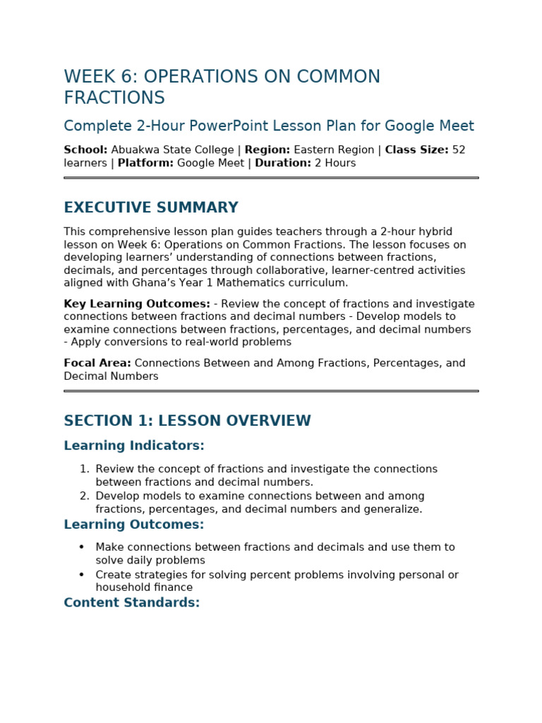Week 6 Operations On Common Fractions Complete Lesson Plan | PDF ...