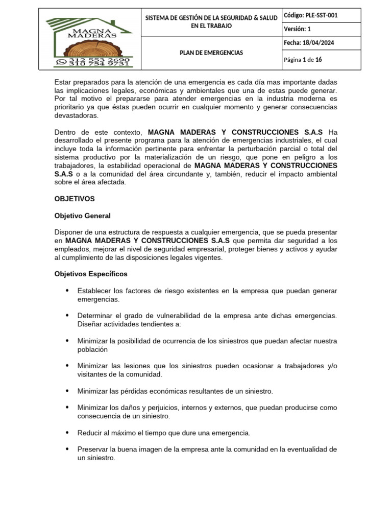 Plan de Emergencias | PDF | Riesgo | Seguridad y salud ocupacional