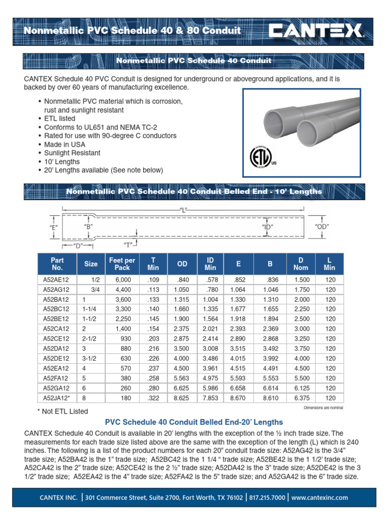 CANTEX Schedule 40 and 80 Conduit Sell Sheet | PDF | Pipe (Fluid ...