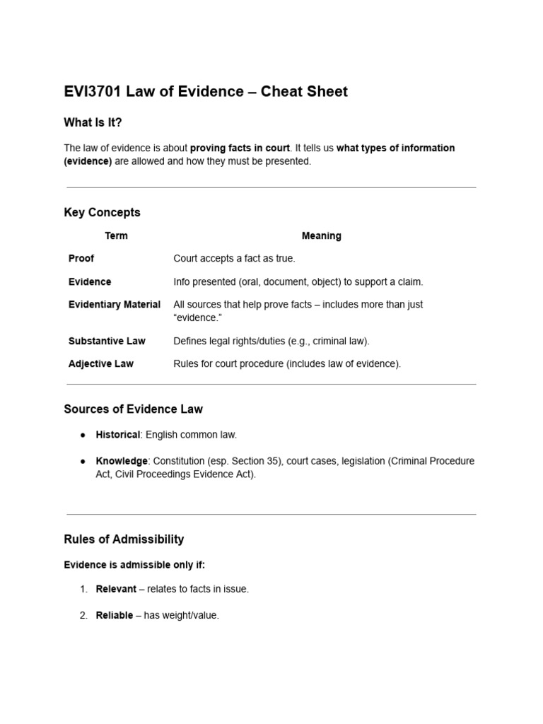 Law of Evidence - Cheat Sheet | PDF