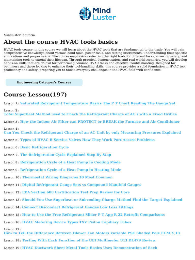 HVAC Tools Basics Course Content | PDF | Air Conditioning | Thermostat