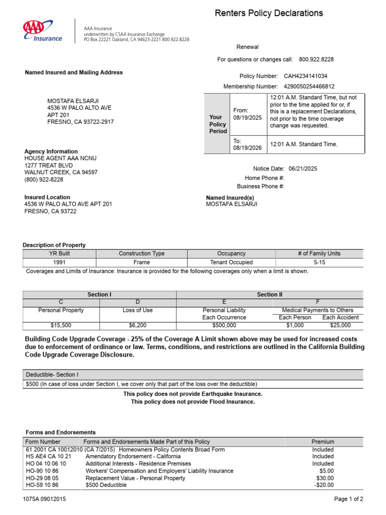 Declarations CAH4234141034 | PDF | Insurance | Home Insurance