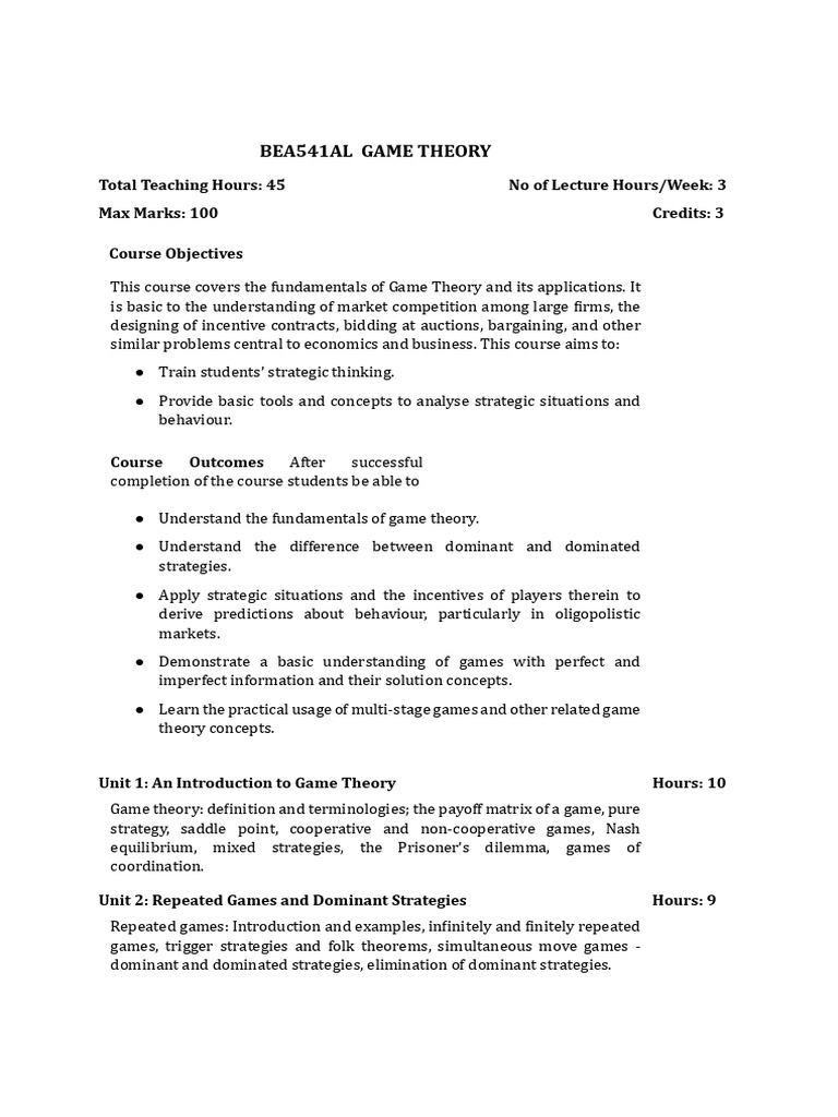 GAME THEORY Course Plan | PDF | Game Theory | Oligopoly