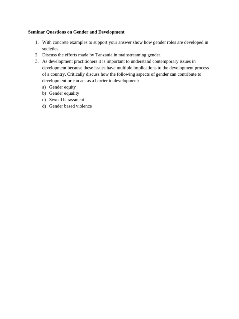 Seminar Questions On Gender and Development 2025 | PDF