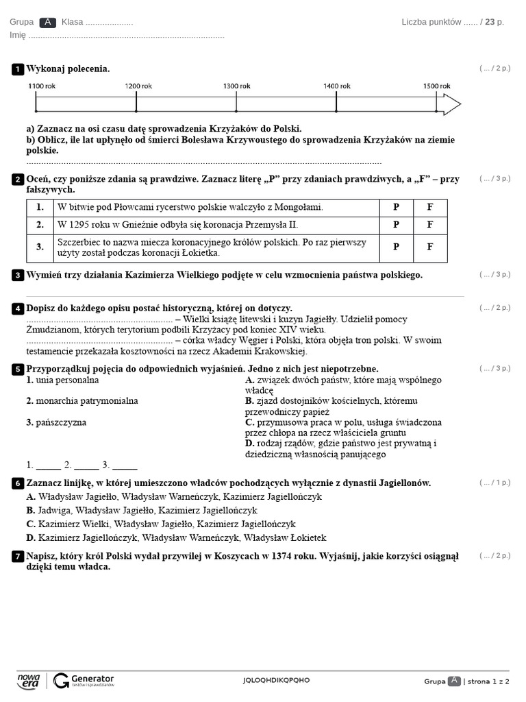 Rozdział VII, Test NR 1 Test Klasa 5 | PDF