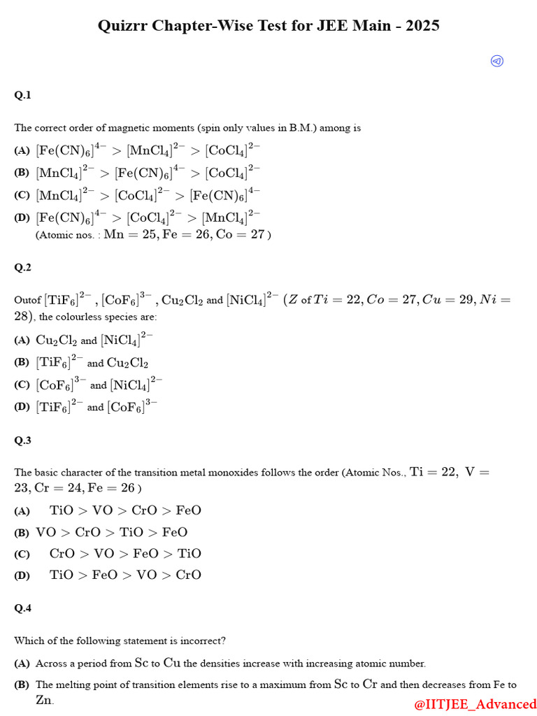 D and F Block Elements - Test 2 | PDF | Transition Metals | Manganese