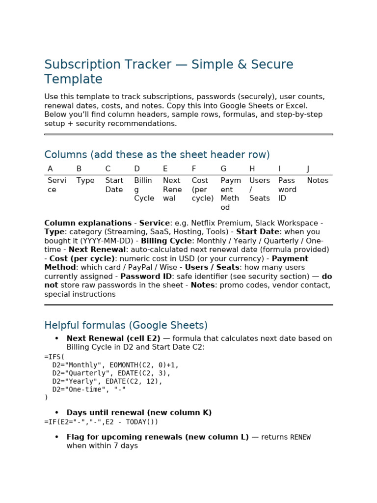 Subscription Tracker - Simple Secure Template | PDF | Password ...