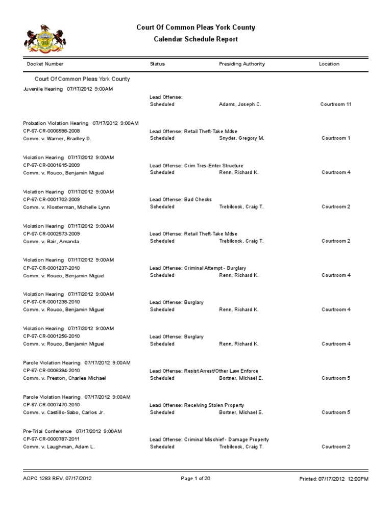 York County Court Schedule For July 17 PDF Probation Driving