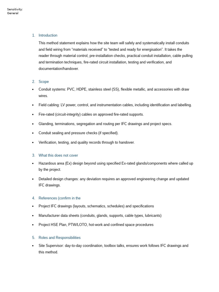 Method Statement For Cables | PDF | Electrical Wiring | Manufactured Goods