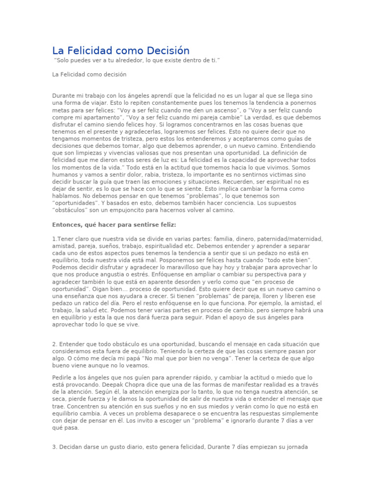 La Felicidad Como Decisión | PDF | Felicidad | Sicología