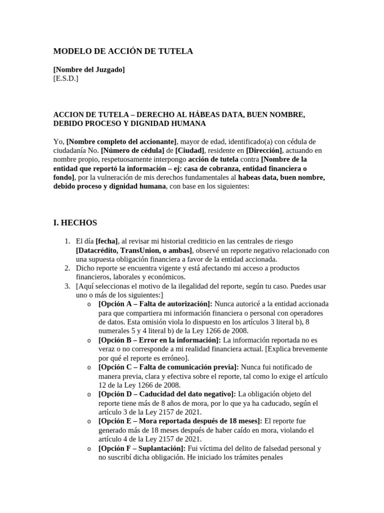 Modelo de Acciã - N de Tutela | PDF | Debido al proceso | Justicia