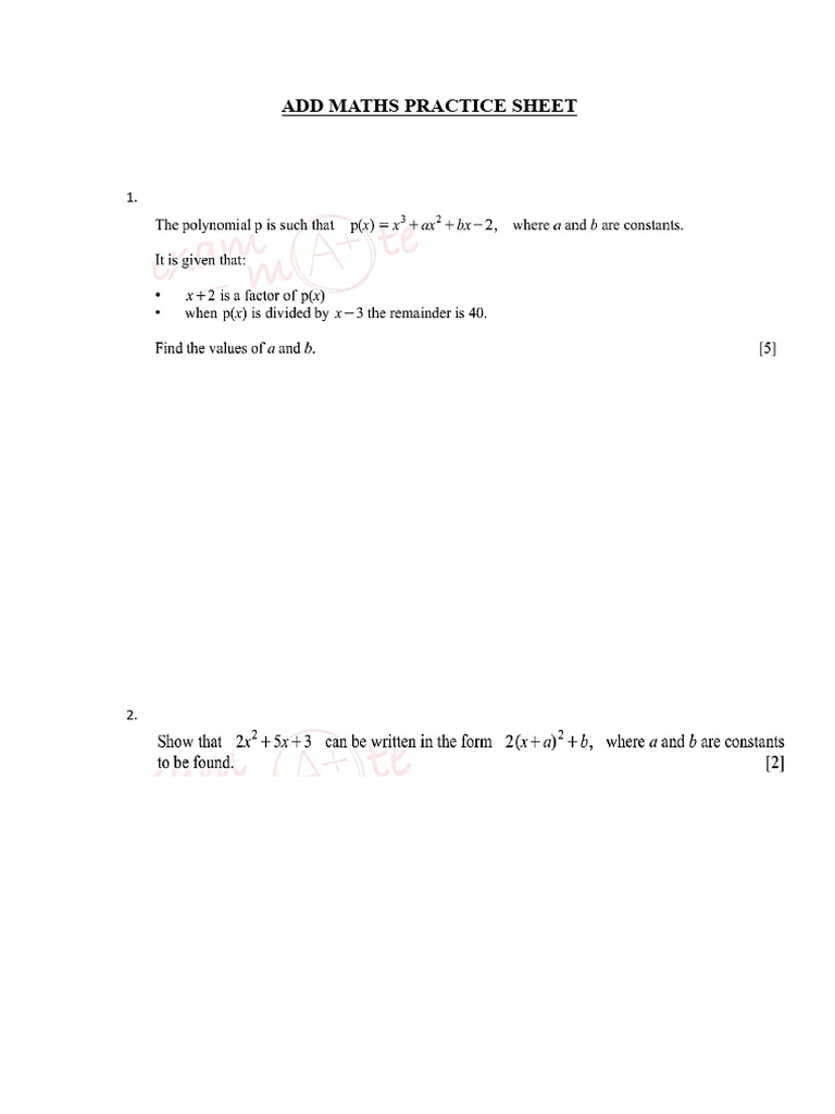 Add Maths Practice Sheet | PDF