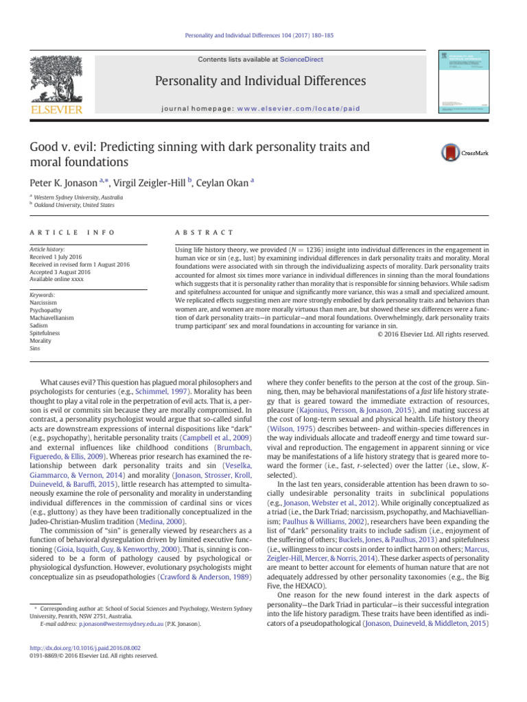 Personality and Individual Differences: Peter K. Jonason, Virgil ...