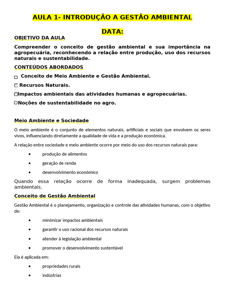 Aula 1 | PDF | Sustentabilidade | Gestão de recursos ambientais