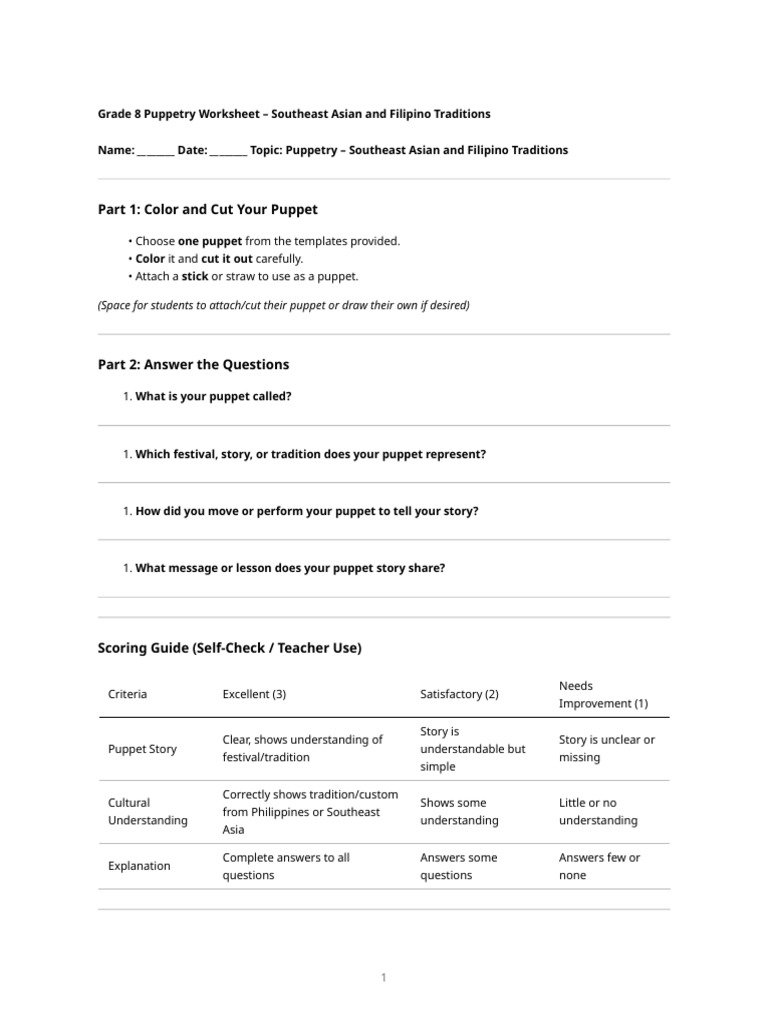 Puppetry Grade8 Worksheet | PDF | Puppets | Puppetry