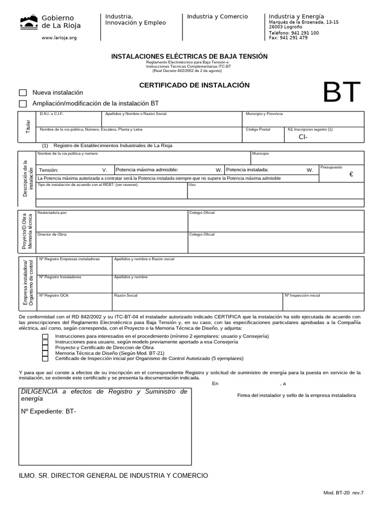 BT20 - Certificado de Instalación | PDF