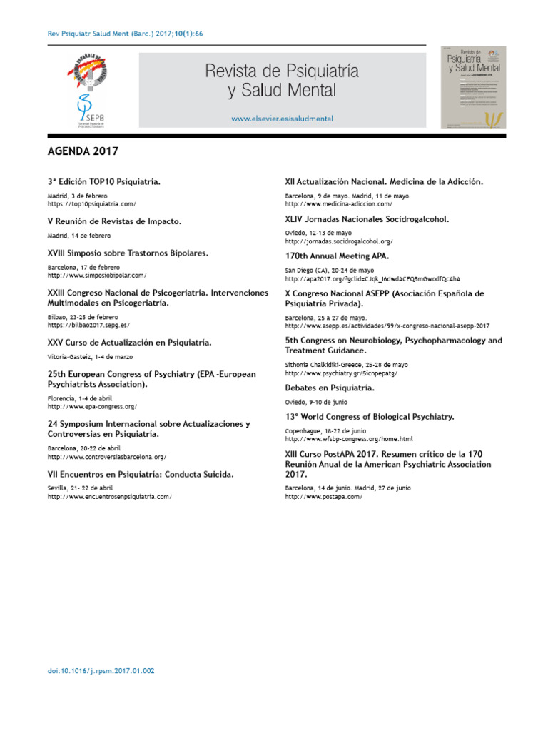 Agenda Enero Marzo 2017 2017 Revista de Psiquiatr A y Salud Mental ...