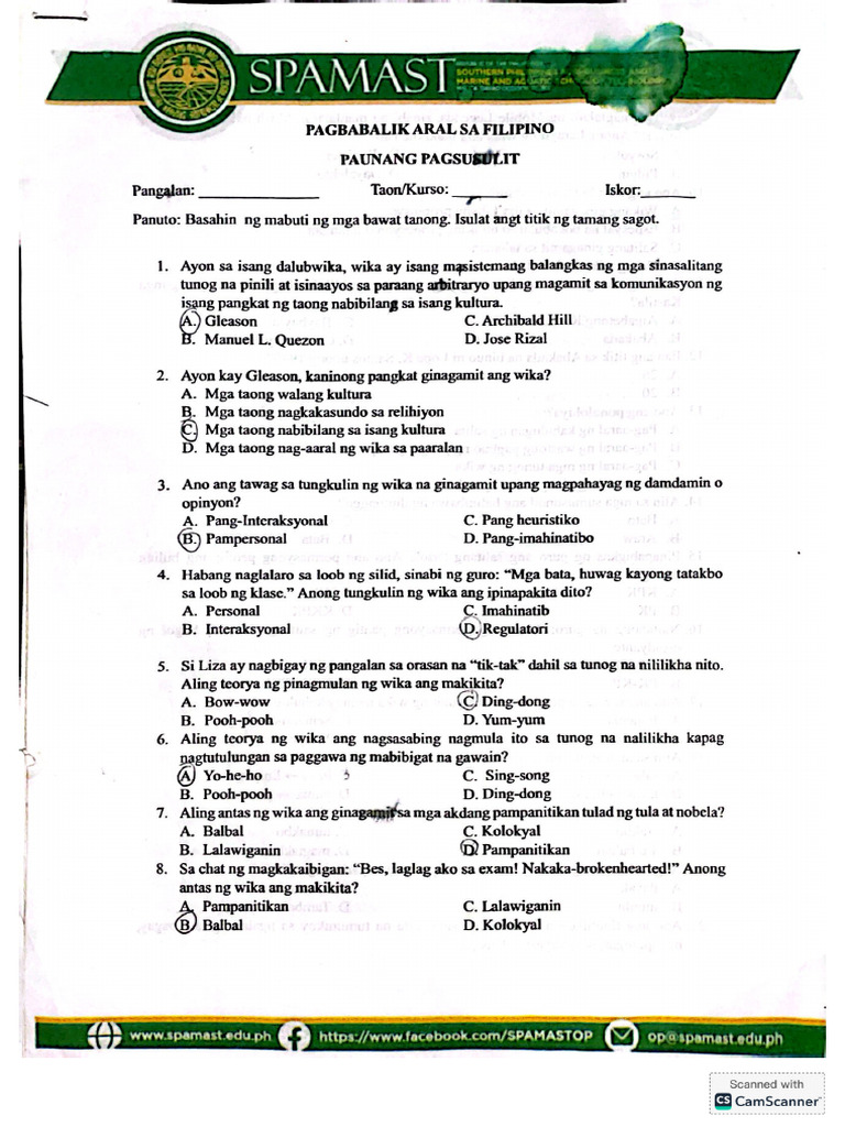 FILIPINO. Pretest and Post Testbzhshwbsbbsba | PDF