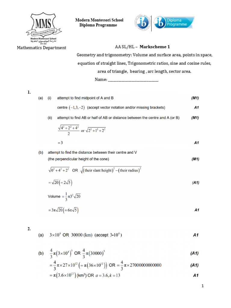 AA - SL - WS - Geometry and Trigonometry 1 - Markscheme | PDF ...