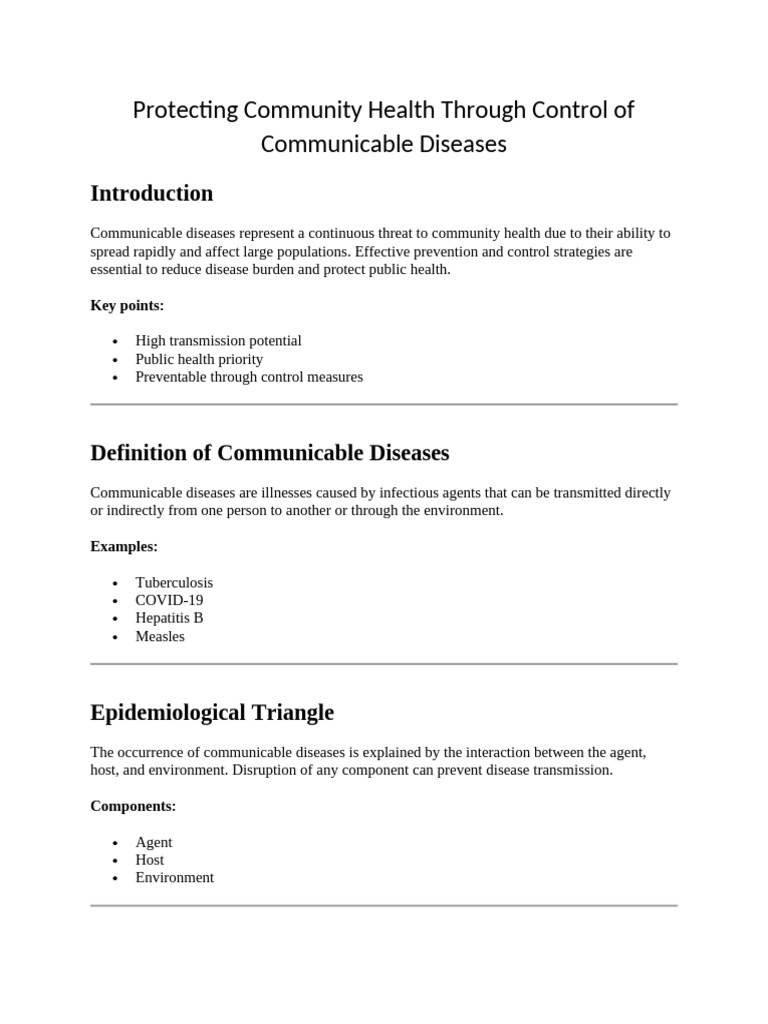 Protecting Community Health Through Control of Communicable Diseases ...