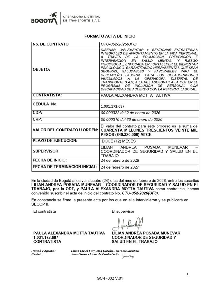 Acta de Inicio Contrato 052-2026-Ok | PDF