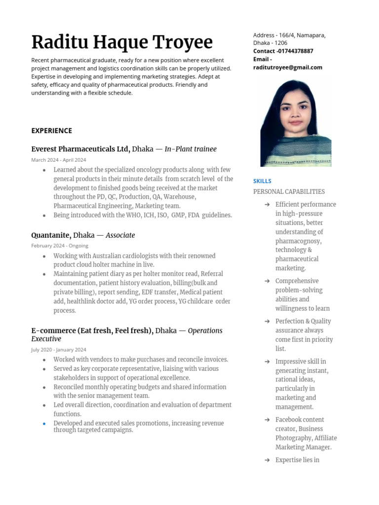 Raditu Haque Troyee (CV-Marketing) | PDF | Health Care | Medicine