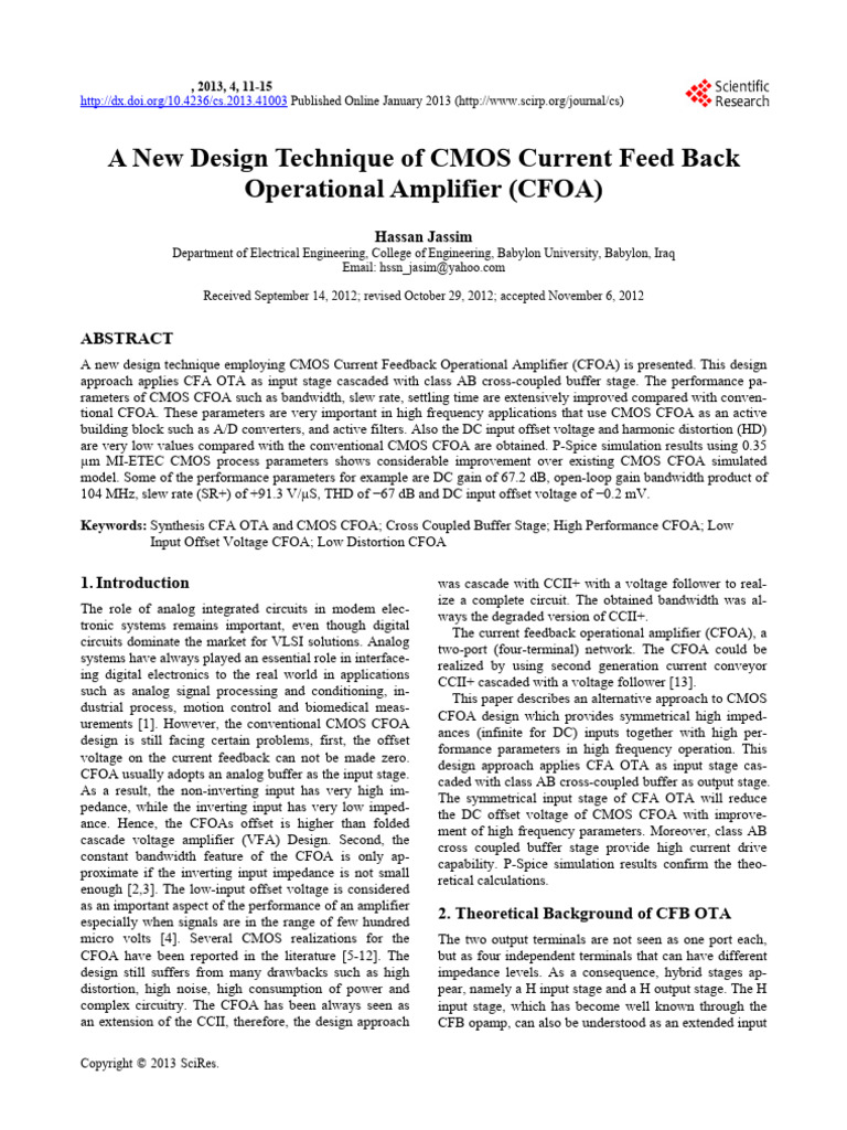 A New Design Technique of CMOS Current Feed Back Ota (Cfbota) | PDF ...