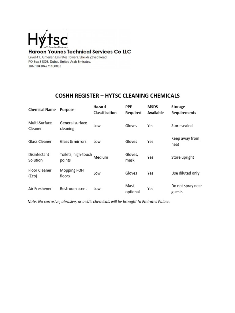 Coshh Register and Chemical List | PDF