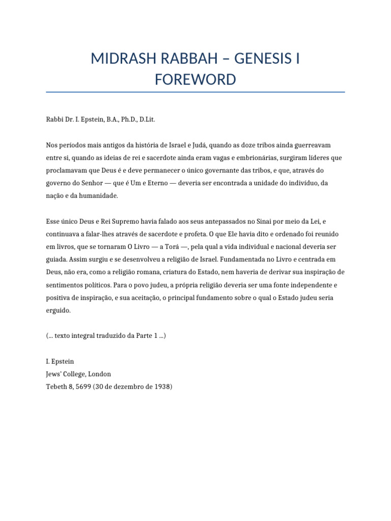 Midrash Rabbah Genesis I Part 1 Foreword | PDF