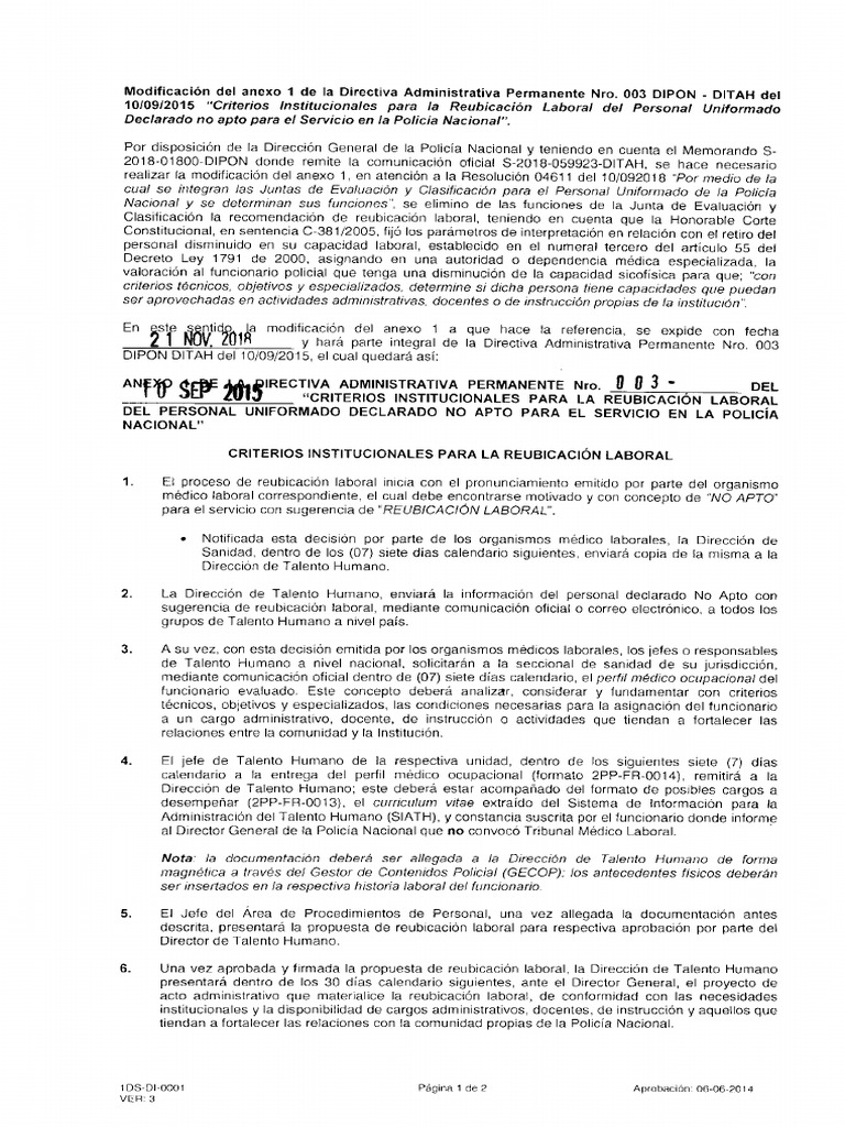 Modificación Anexo 1 DAP 003 DIPON-DITAH Del 10-09-2015 | PDF
