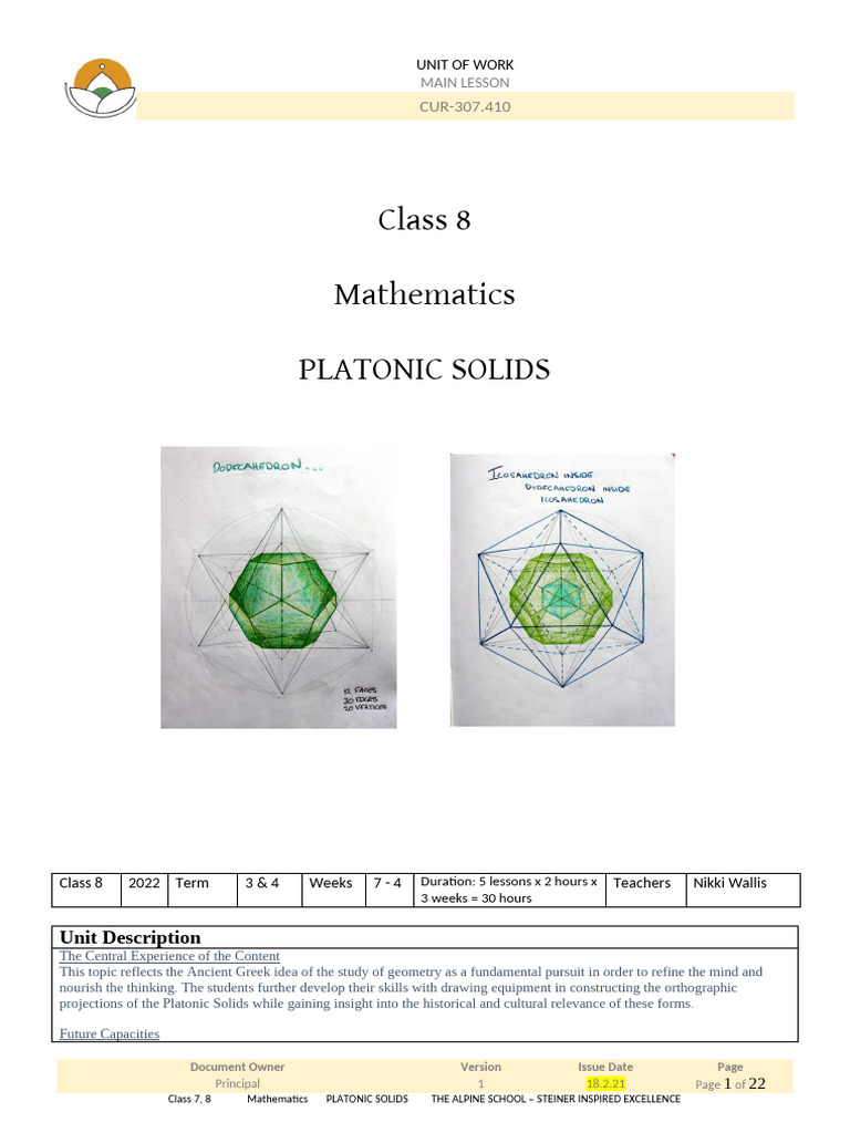 4.1 Platonic Solids - Main Lesson Y8 | PDF | Area | Angle