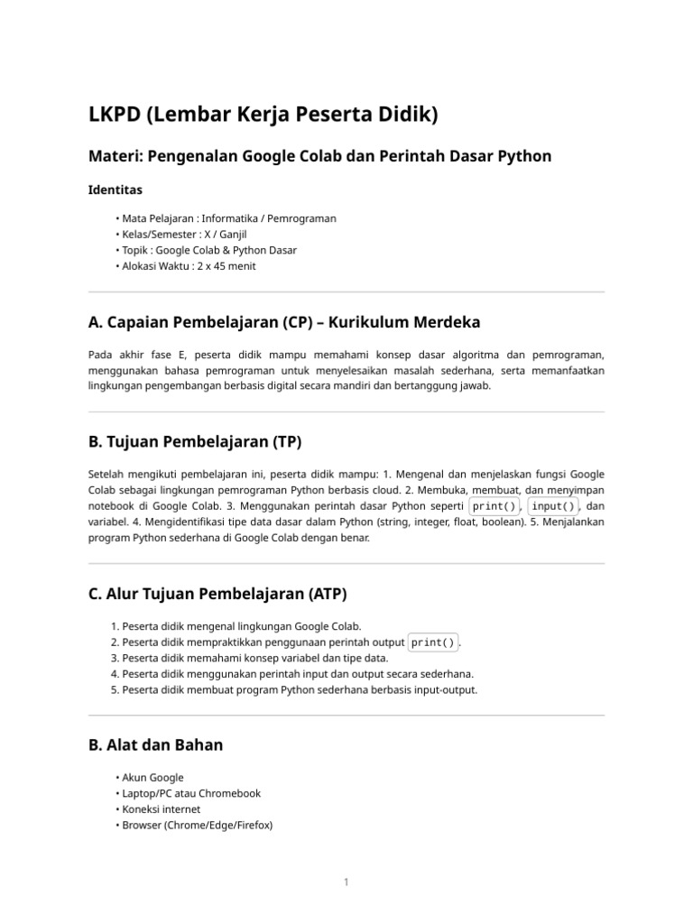LKPD Google Colab & Python Dasar-KKA | PDF