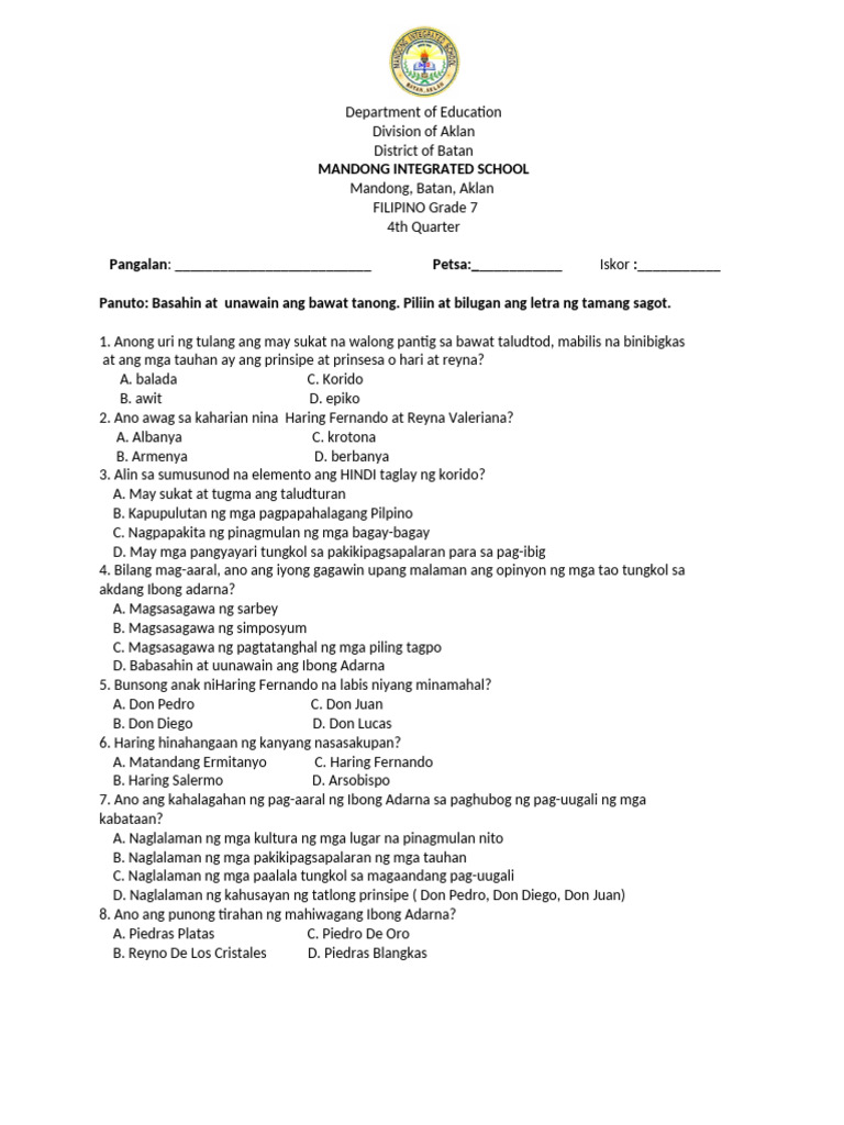 1st Summative Test in Filipino | PDF