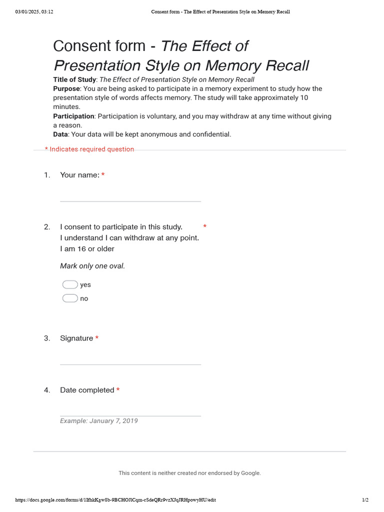 Consent Form - The Effect of Presentation Style On Memory Recall ...