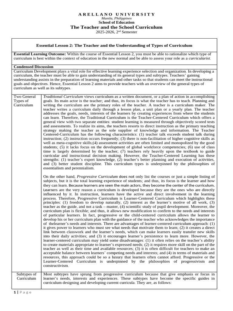 LESSON 2 The Teacher School Curriculum | PDF | Curriculum | Teachers