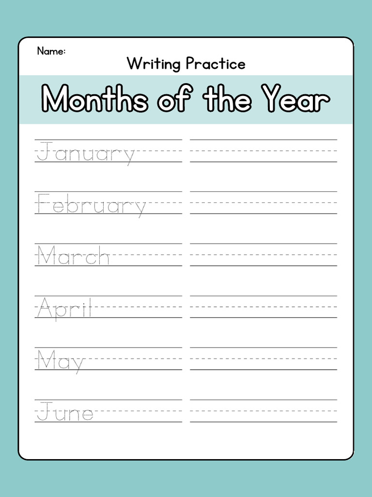 Months of The Year Writing Practice Worksheet in Teal and White Simple ...