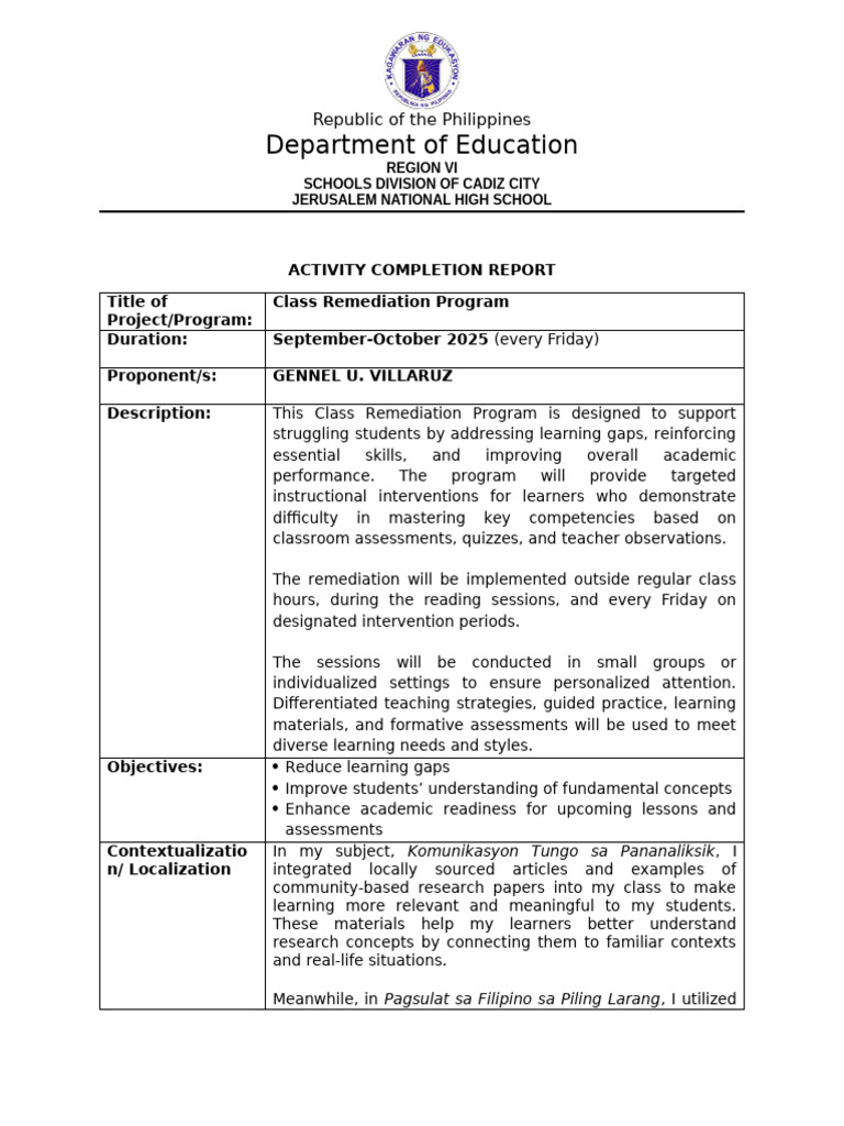 Accomplishment Report Class Remediation | PDF | Differentiated ...