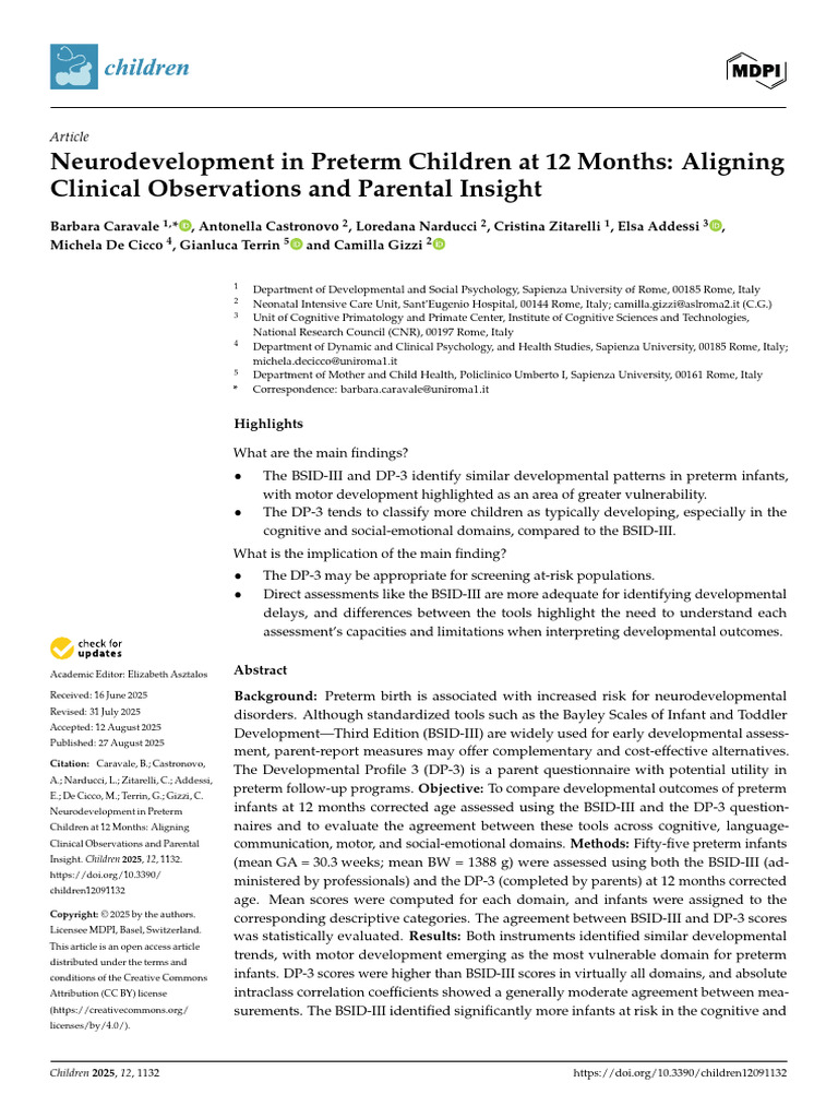 Neurodevelopment in Preterm Children at 12 Months - Aligning Clinical ...