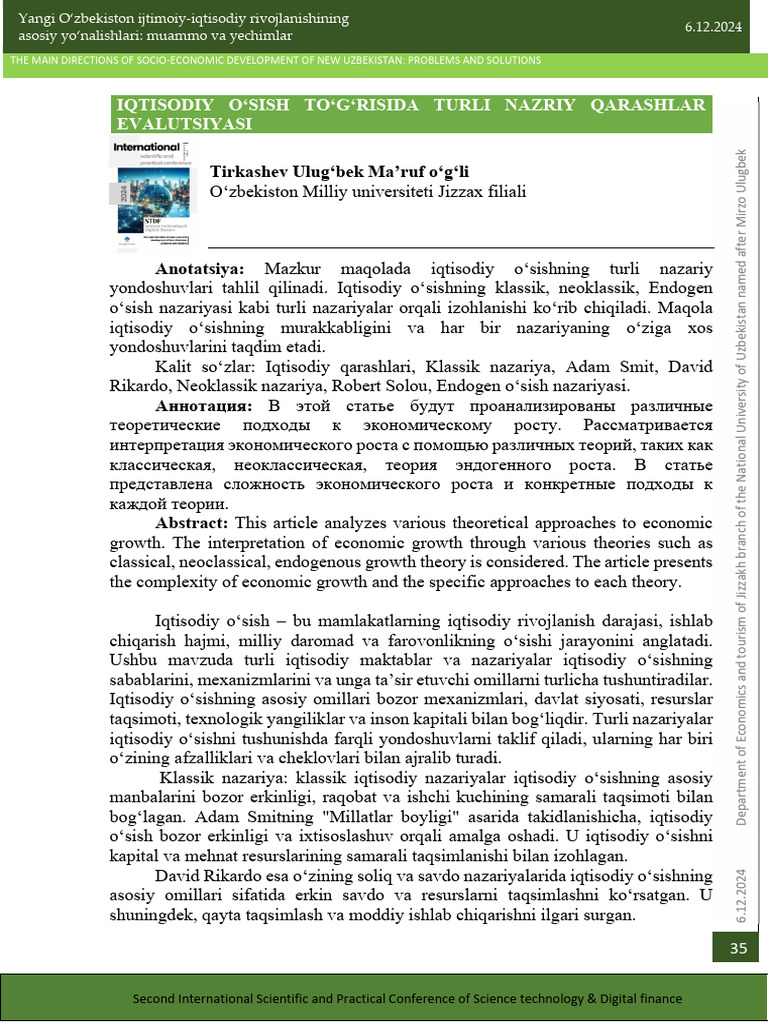 Iqtisodiy o Sish To G Risida Turli Nazriy Qarashlar Evalutsiyasi | PDF