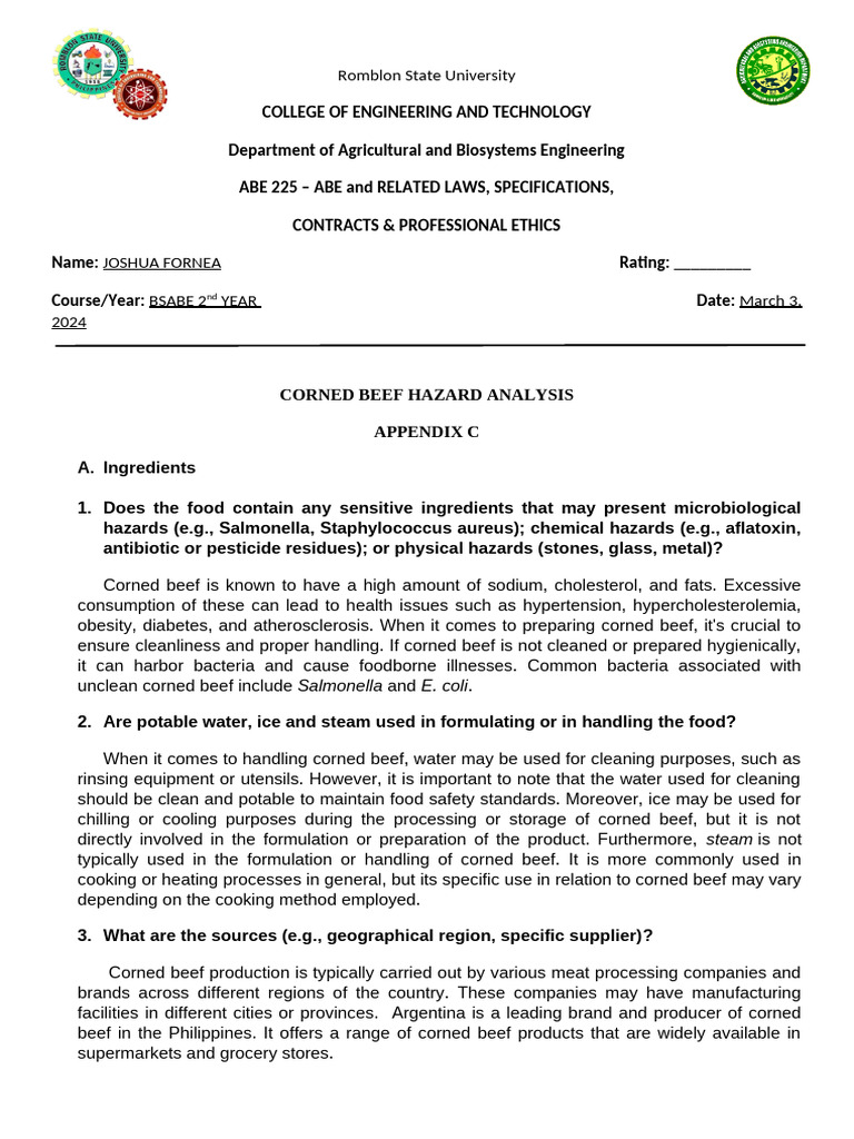 Assignment Abe Law Corned Beef Final | PDF | Foodborne Illness | Food ...