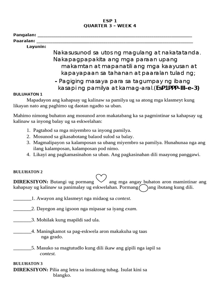 Esp Grade 1 Quarter 3 Week 4 Unified Learning Activity Sheets | PDF